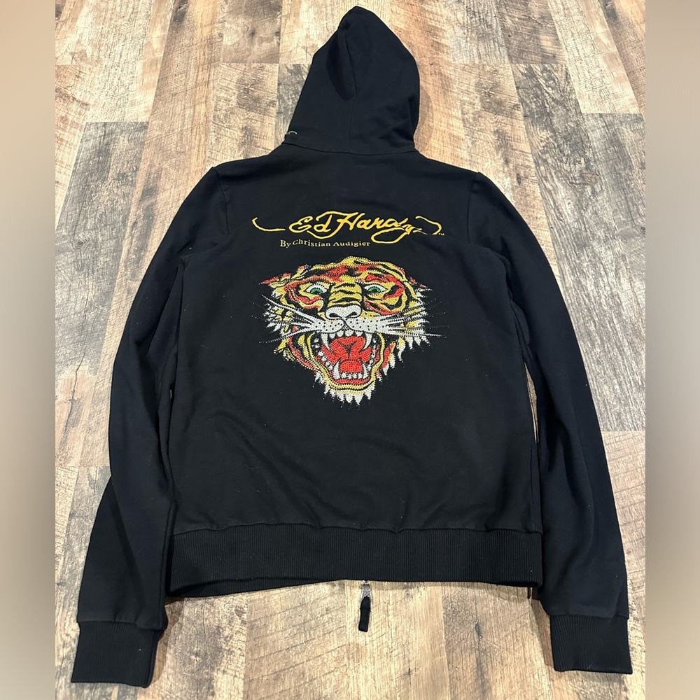 Y2K Ed Hardy Tiger Jewel Zip Up Hoodie Slim Fit Medium